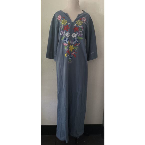 Vintage Embroidered Long Sleeve Dress Blue Mexican Boho Flowers V-Neck Medium - Picture 1 of 12